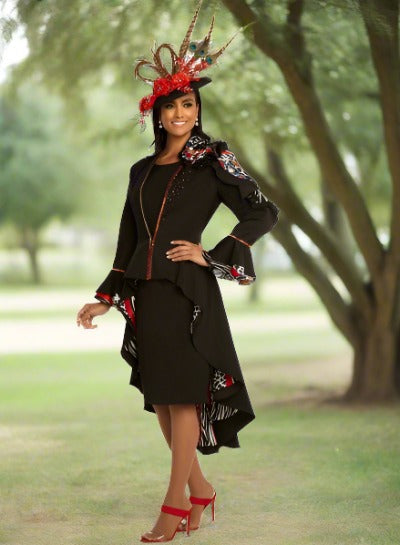 This 2-piece outfit features a high-low jacket adorned with red and black rhinestones and a vibrant multi-printed fabric, making it a bold fashion statement.